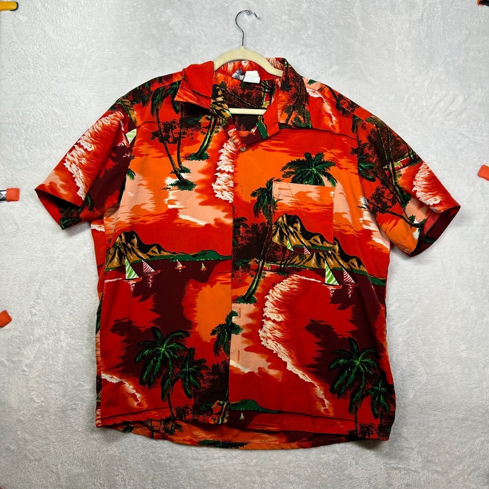Kennington Hawaiian Shirt Mens Red Orange Sunset Beach Sailboat Print Classic XL